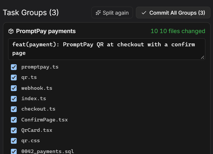 The Git panel splitting 25 changed files into 3 commit groups, each with a written message and per-file tick boxes
