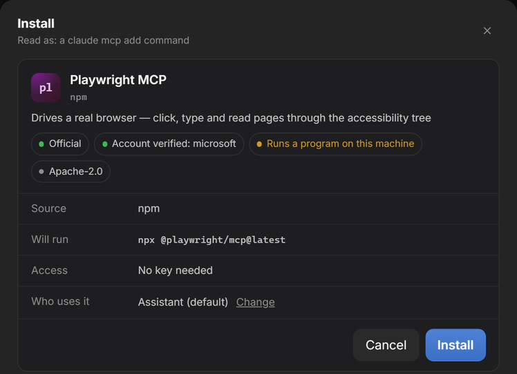 The Playwright MCP install card: source npm, the command it will run, no key needed, who gets it, and an Install button waiting to be pressed
