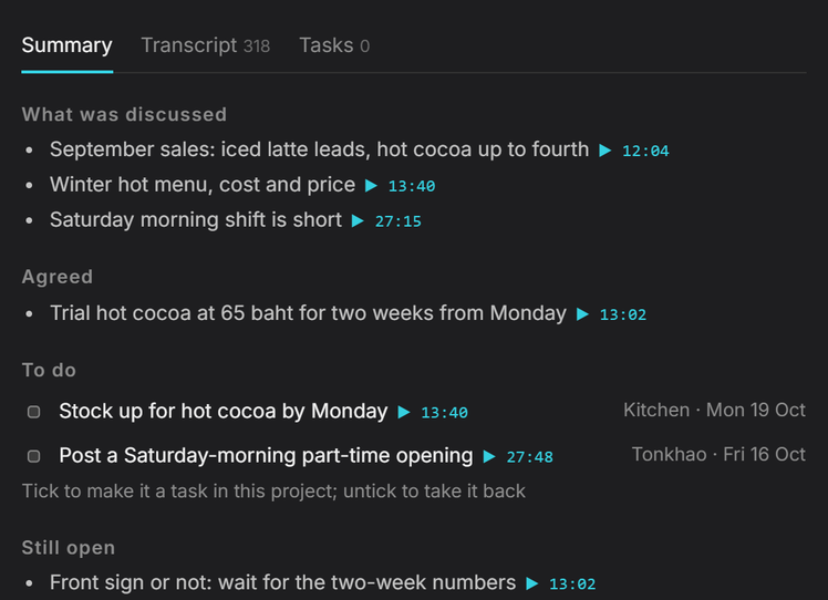 A recorded meeting's summary: the topics and the decision, each with the minute it was said at, and two to-dos with who does them and by when